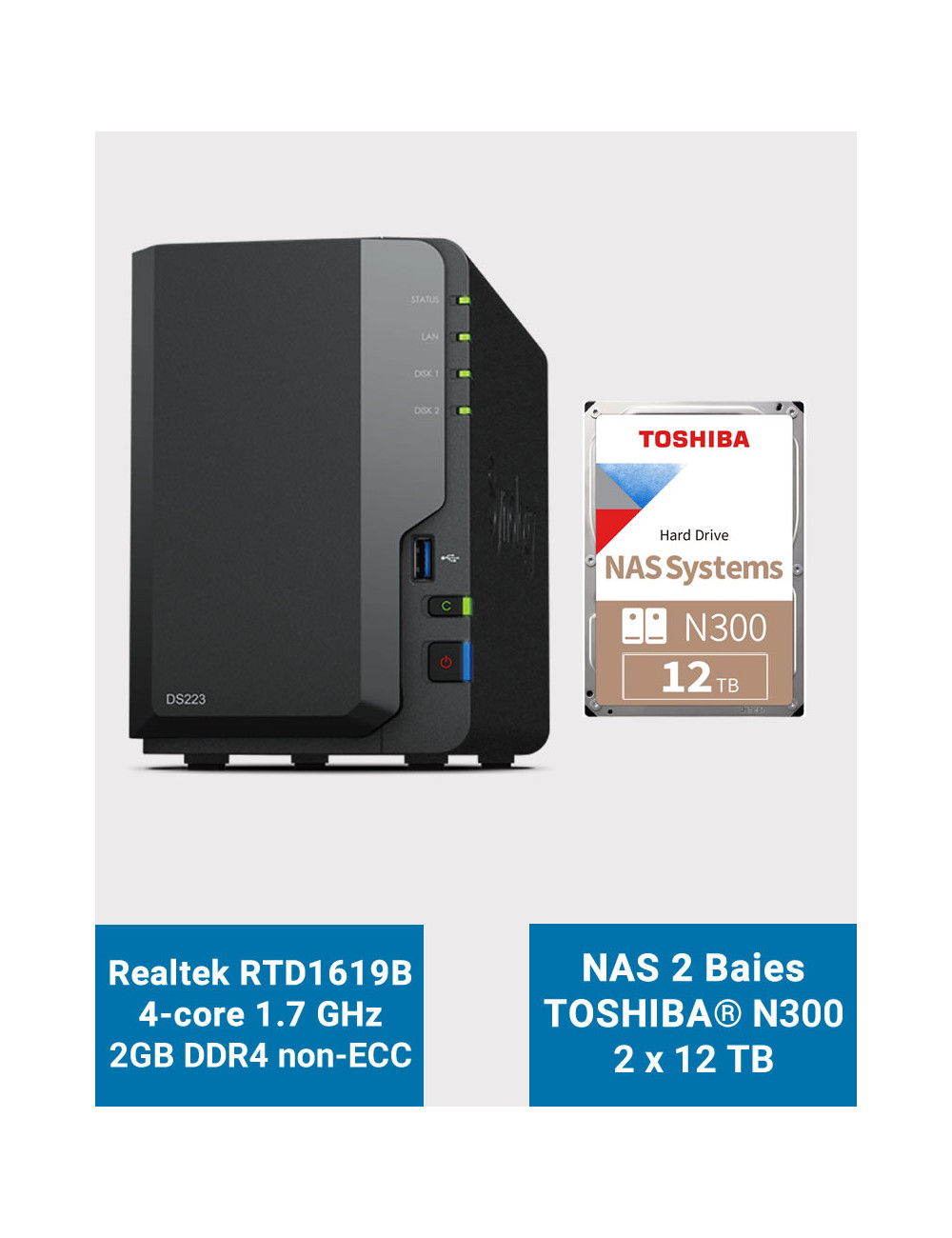 Synology DS223 NAS Server Toshiba N300 24TB (2x12TB)