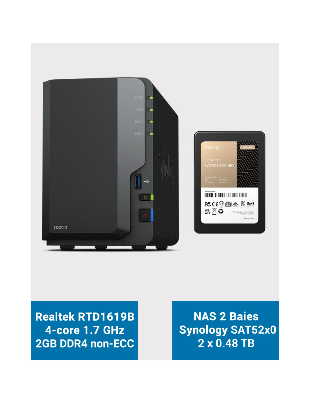 Synology DS223 Serveur NAS SSD SAT5200 960Go (2x480Go)