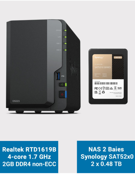 Synology DS223 Serveur NAS SSD SAT5200 960Go (2x480Go)