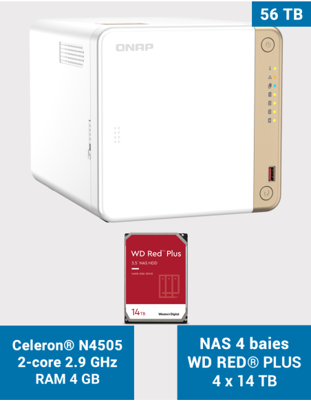 QNAP TS-462 4GB Serveur NAS WD RED PLUS 56To (4x14To)