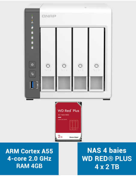 QNAP TS-433 4GB Serveur NAS WD RED PLUS 8To (4x2To)