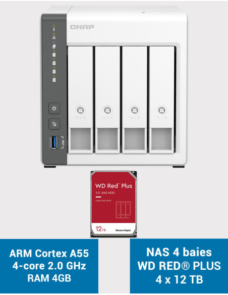 QNAP TS-433 4GB Serveur NAS WD RED PLUS 48To (4x12To)