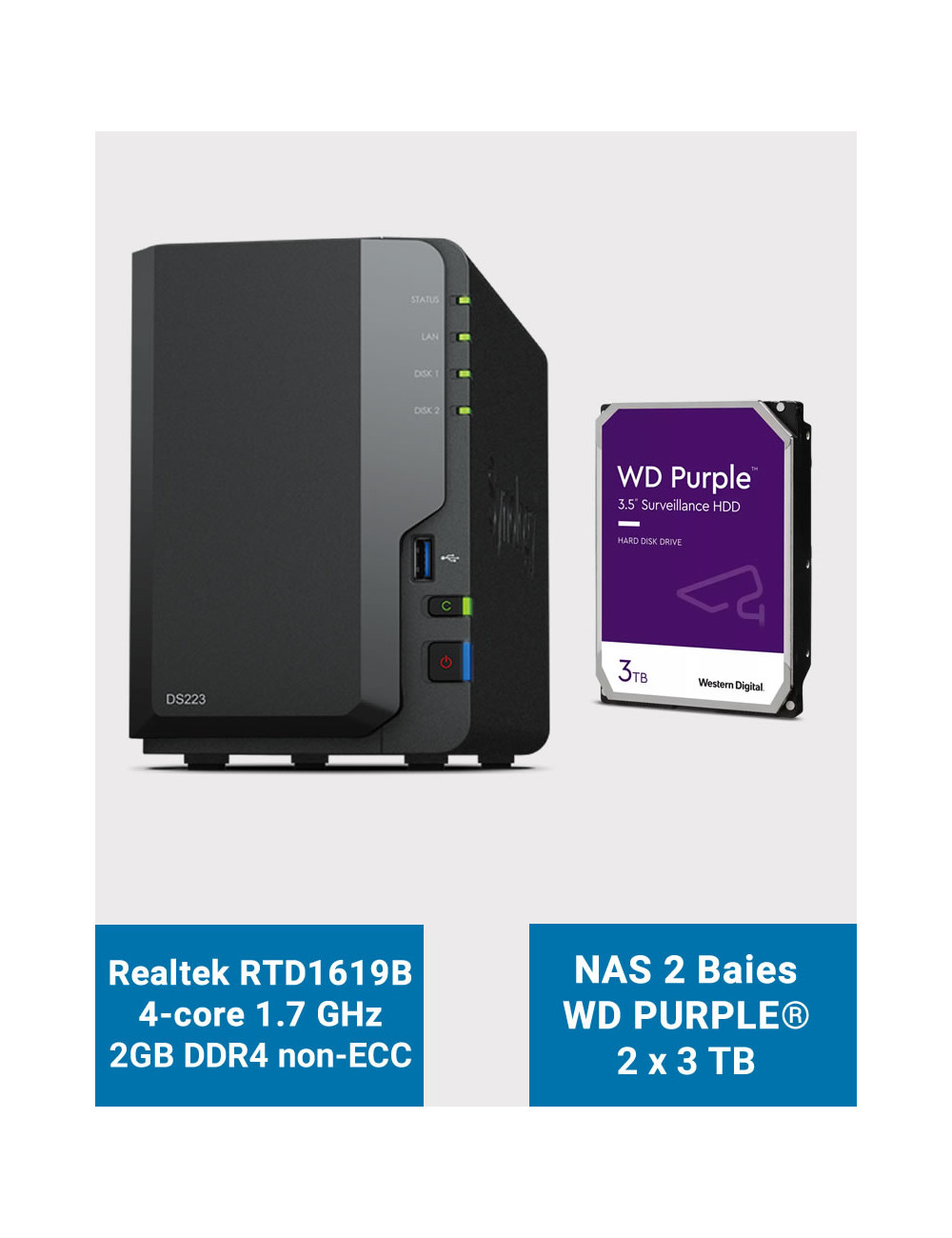 Synology DS223 Serveur NAS WD PURPLE 6To (2x3To)