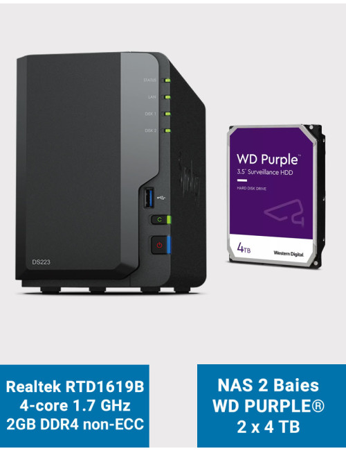 Synology DS223 Serveur NAS WD PURPLE 8To (2x4To)