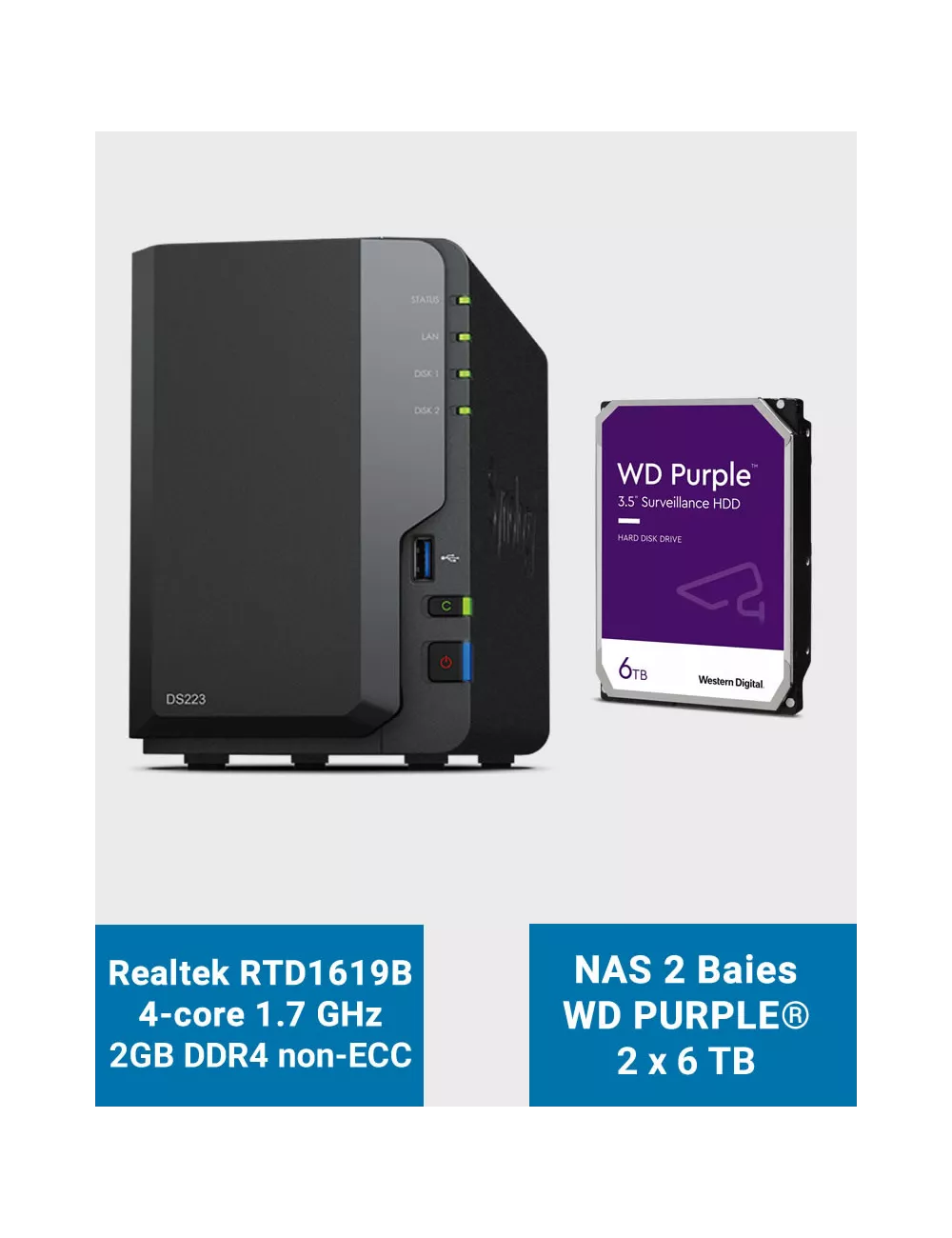 Synology DS223 NAS Server WD PURPLE 12TB (2x6TB)