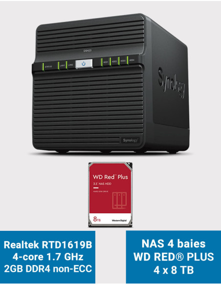 Synology DS423 2GB Serveur NAS WD RED PLUS 32To (4x8To)