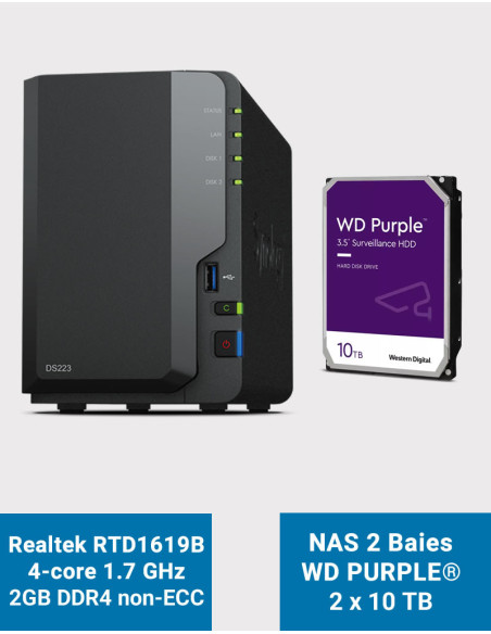 Synology DS223 Serveur NAS WD PURPLE 20To (2x10To)