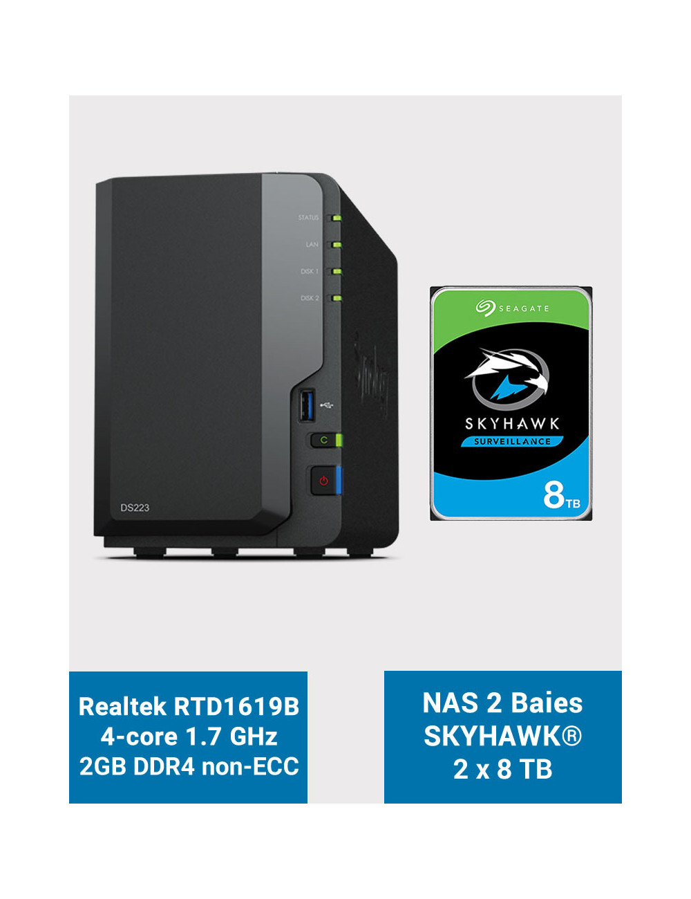 Synology DS223 Serveur NAS SkyHawk 16To (2x8To)