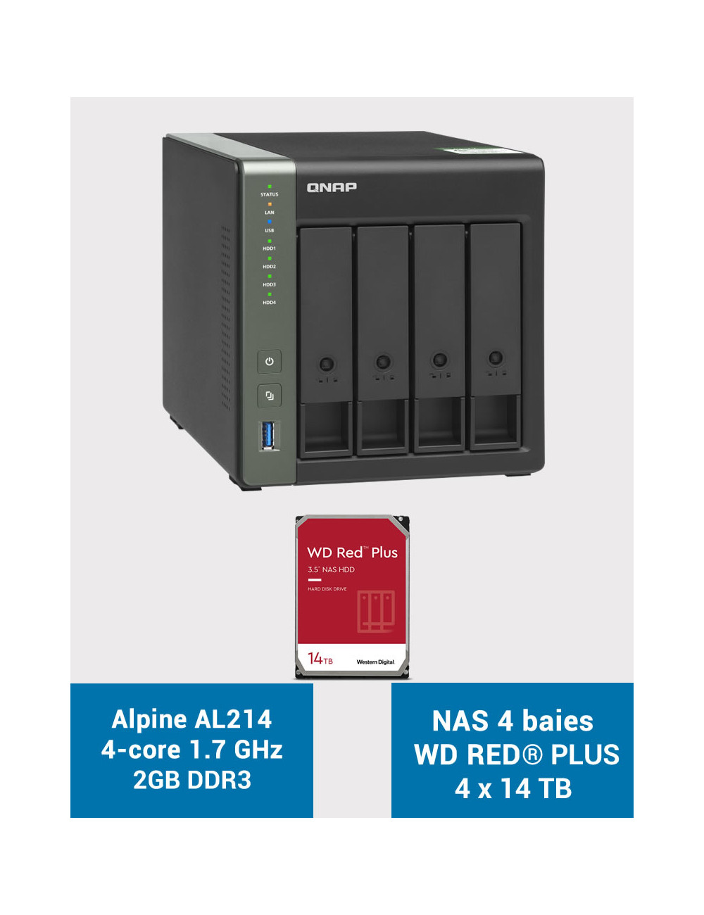 QNAP TS-431KX Serveur NAS WD RED PLUS 56To (4x14To)