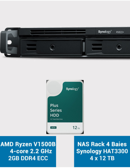 Synology RS822+ 2Go Serveur NAS Rack 1U HAT3300 48To (4x12To)