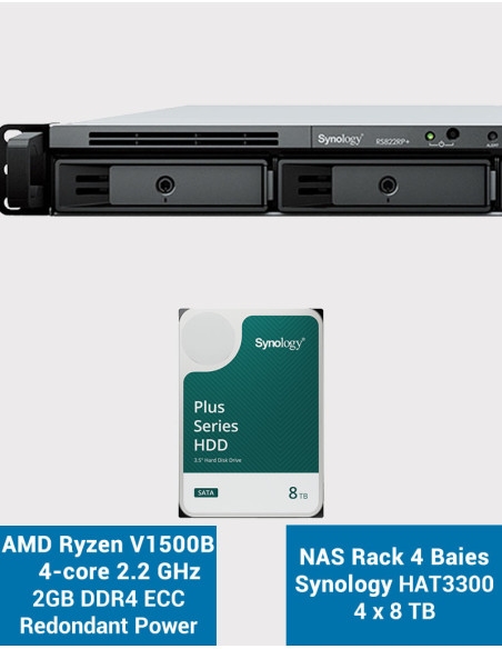 Synology RS822RP+ 2Go Serveur NAS Rack 1U HAT3300 32To (4x8To)