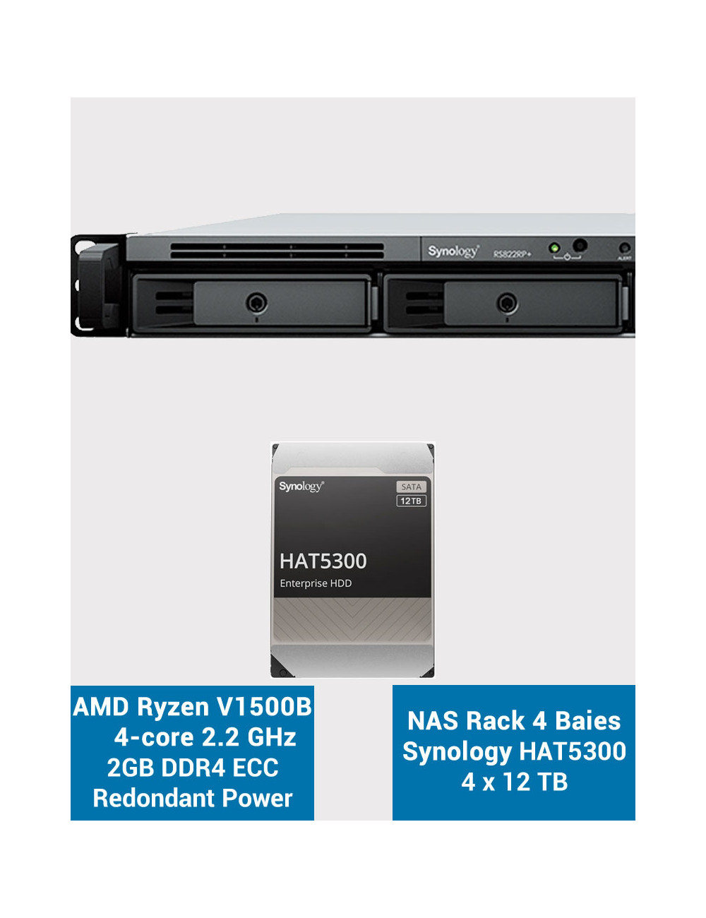 Synology RS822RP+ 2Go Serveur NAS Rack 1U HAT5300 48To (4x12To)
