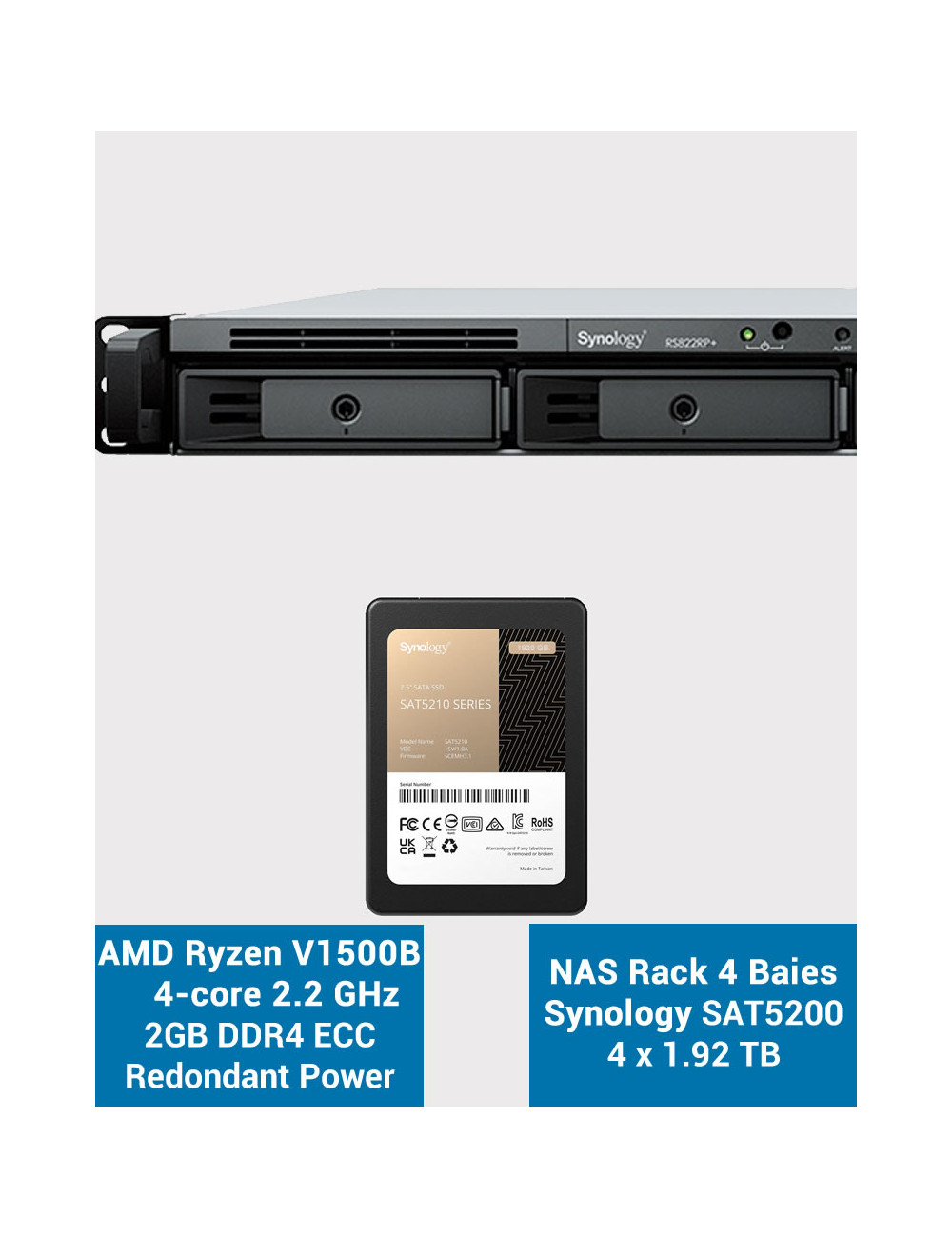 Synology RS822RP+ 2GB NAS Server Rack 1U SAT5210 7.68TB (4x1920GB)
