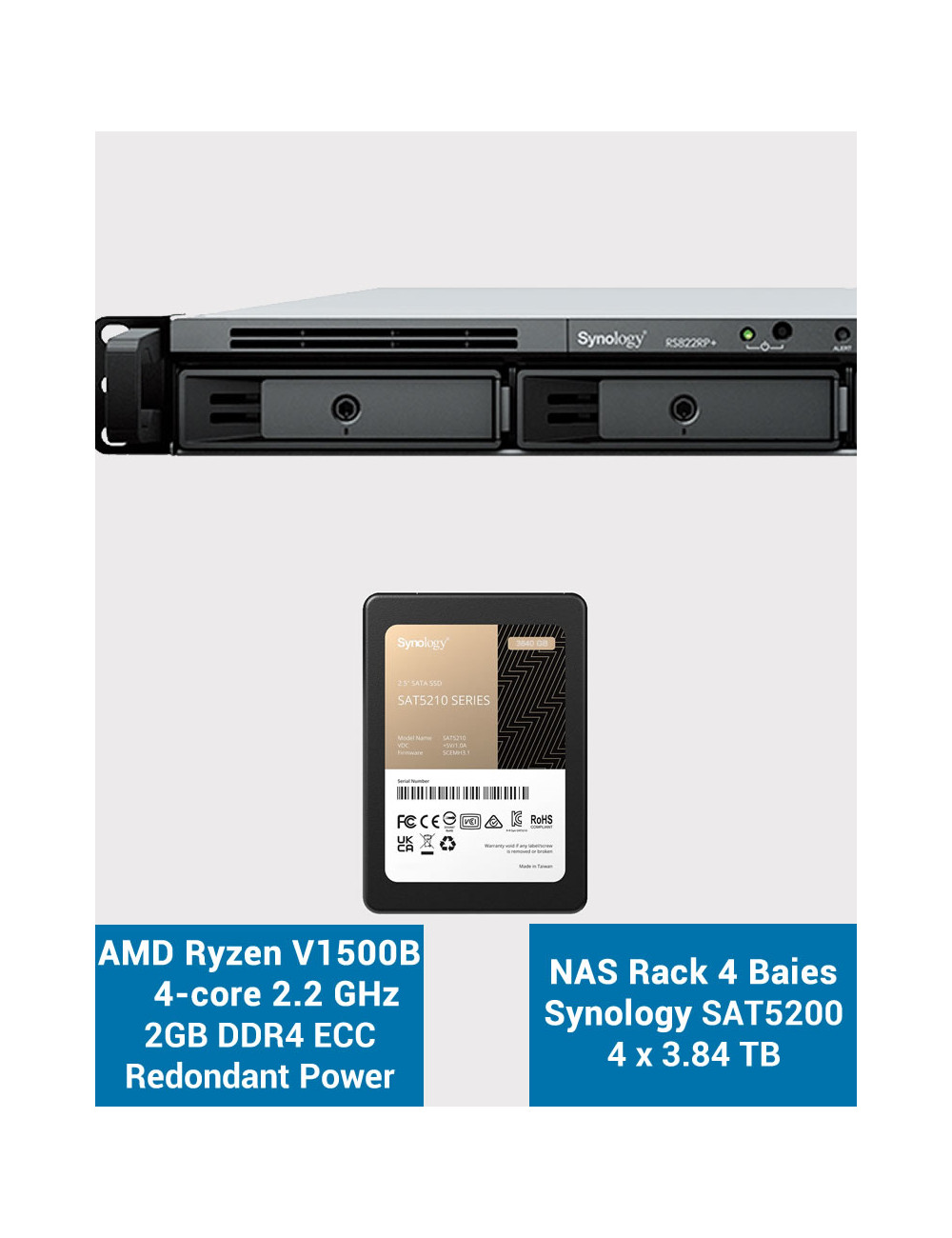 Synology RS822RP+ 2GB NAS Server Rack 1U SAT5210 15.36TB (4x3840GB)