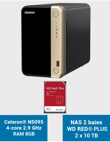 QNAP TS-264 8GB Serveur NAS 2 baies WD RED PLUS 20To (2x10To)