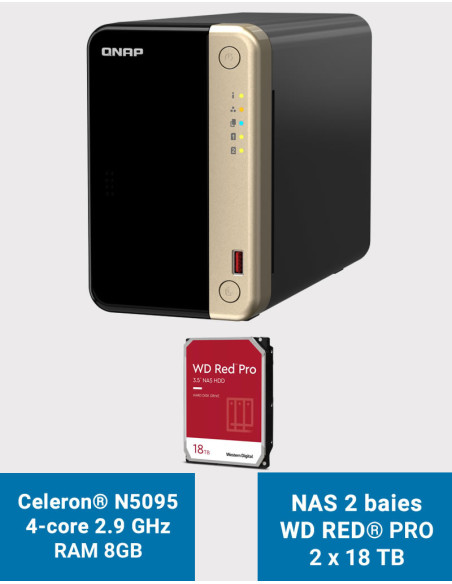 QNAP TS-264 8GB Serveur NAS 2 baies WD RED PRO 36To (2x18To)