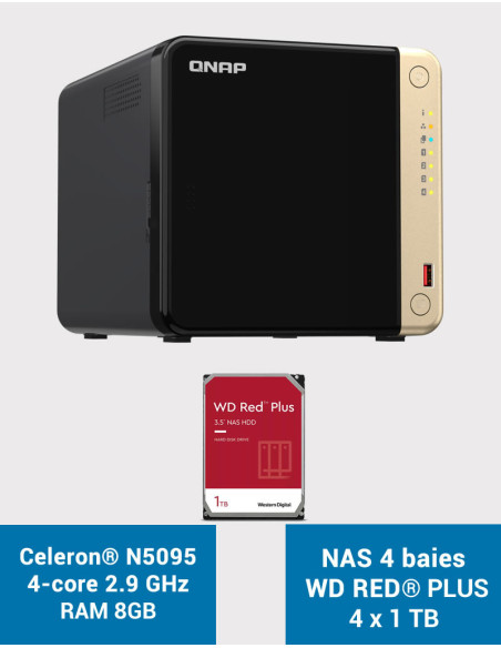 QNAP TS-464 8GB Serveur NAS 4 baies WD RED PLUS 4To (4x1To)