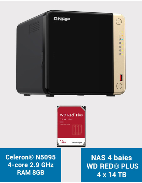 QNAP TS-464 8GB Serveur NAS 4 baies WD RED PLUS 56To (4x14To)