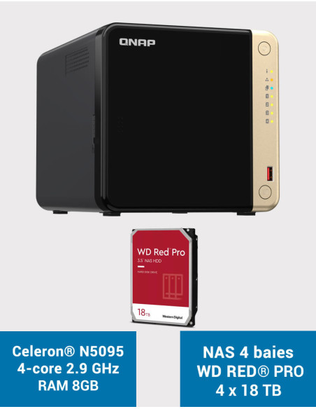 QNAP TS-464 8GB Serveur NAS 4 baies WD RED PRO 72To (4x18To)
