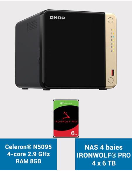 QNAP TS-464 8GB Serveur NAS 4 baies IRONWOLF PRO 24To (4x6To)