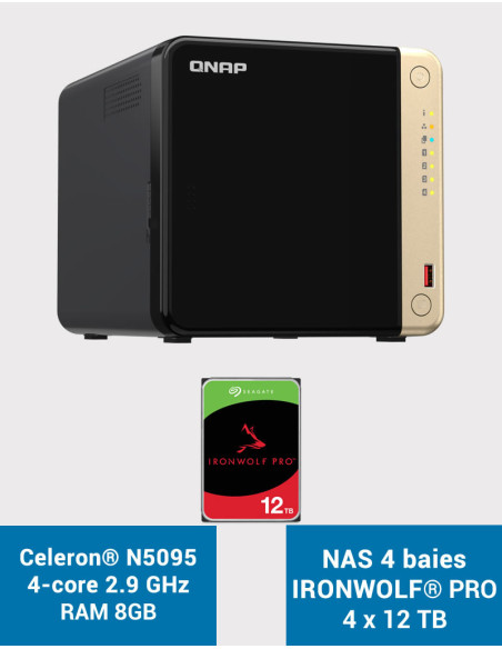 QNAP TS-464 8GB Serveur NAS 4 baies IRONWOLF PRO 48To (4x12To)