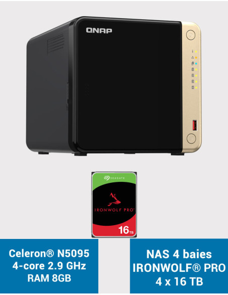 QNAP TS-464 8GB Serveur NAS 4 baies IRONWOLF PRO 64To (4x16To)