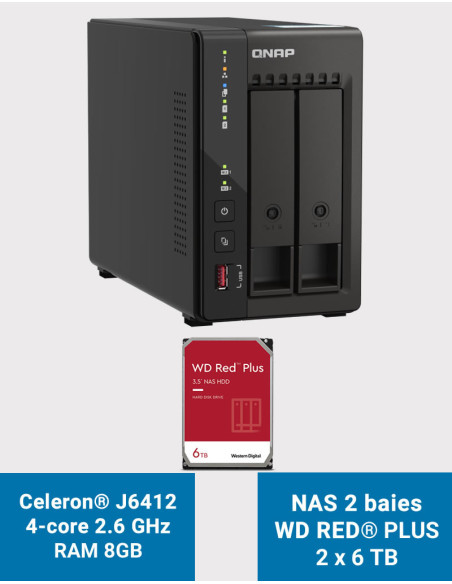 QNAP TS-253E 8GB Serveur NAS 2 baies WD RED PLUS 12To (2x6To)