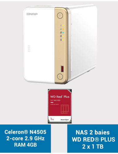 QNAP TS-262 4GB Servidor NAS WD RED PLUS 2TB (2x1TB)