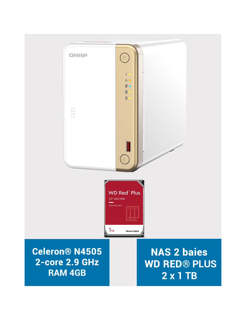 QNAP TS-262 4GB Serveur NAS WD RED PLUS 2To (2x1To)