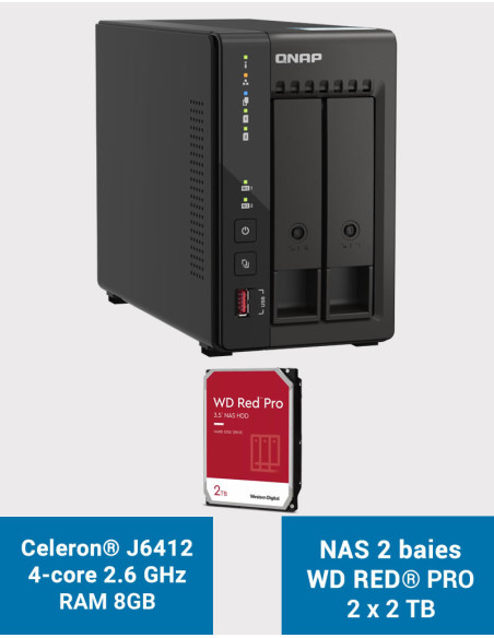 QNAP TS-253E 8GB Serveur NAS 2 baies WD RED PRO 4To (2x2To)