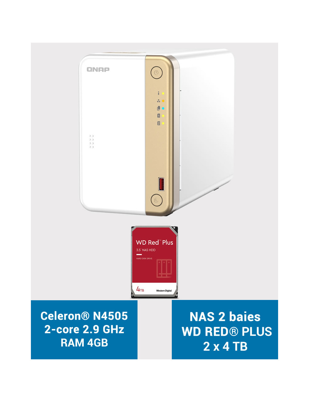 QNAP TS-262 4GB Serveur NAS WD RED PLUS 8To (2x4To)