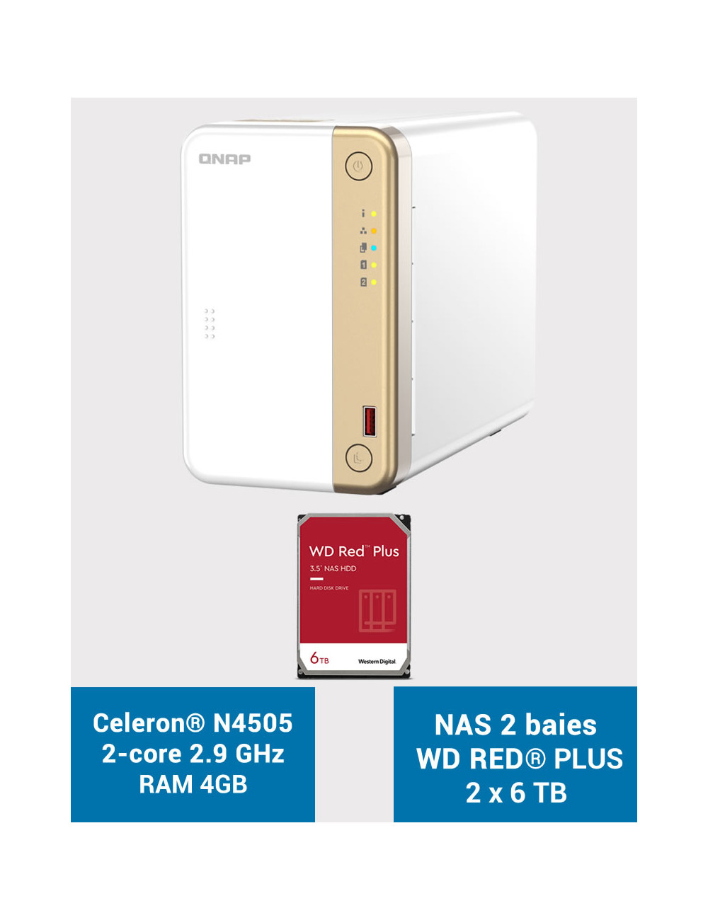 QNAP TS-262 4GB Serveur NAS WD RED PLUS 12To (2x6To)