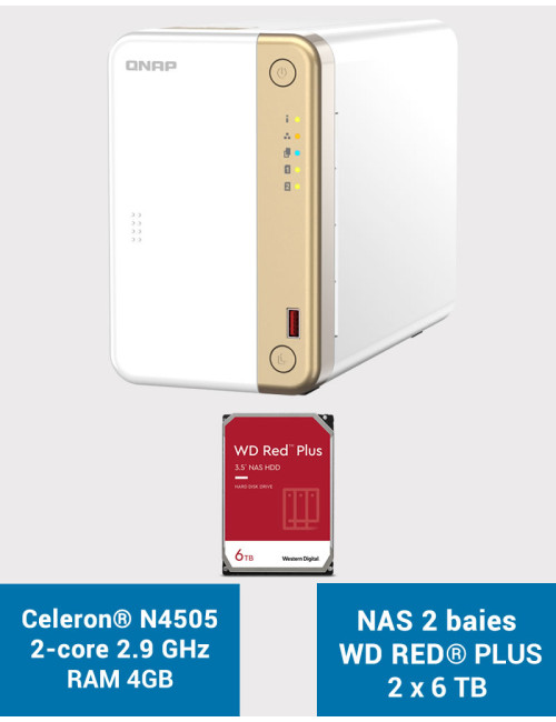 QNAP TS-262 4GB Servidor NAS WD RED PLUS 12TB (2x6TB)