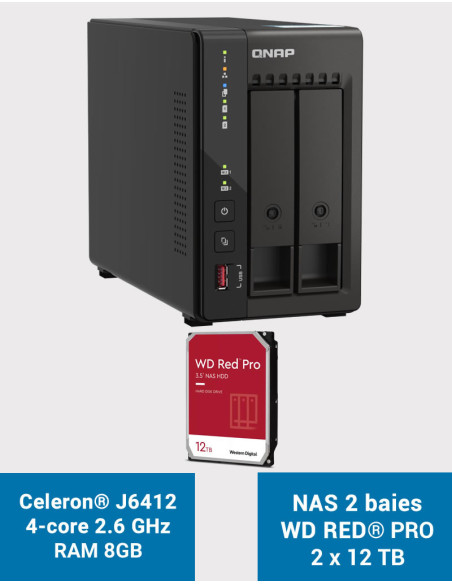 QNAP TS-253E 8GB Serveur NAS 2 baies WD RED PRO 24To (2x12To)