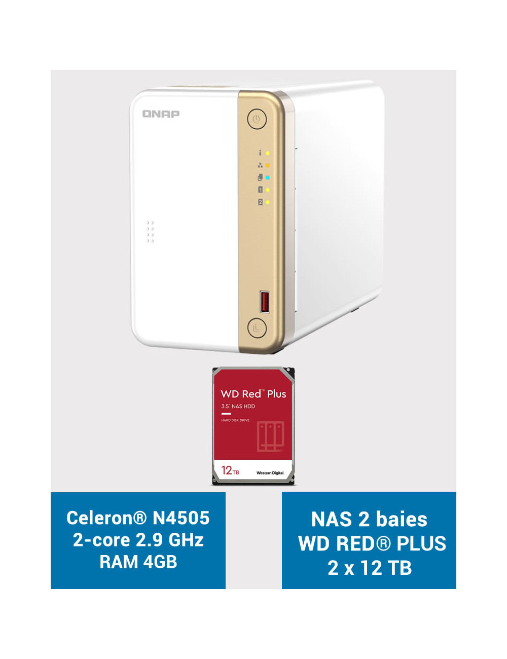 QNAP TS-262 4GB Serveur NAS WD RED PLUS 24To (2x12To)
