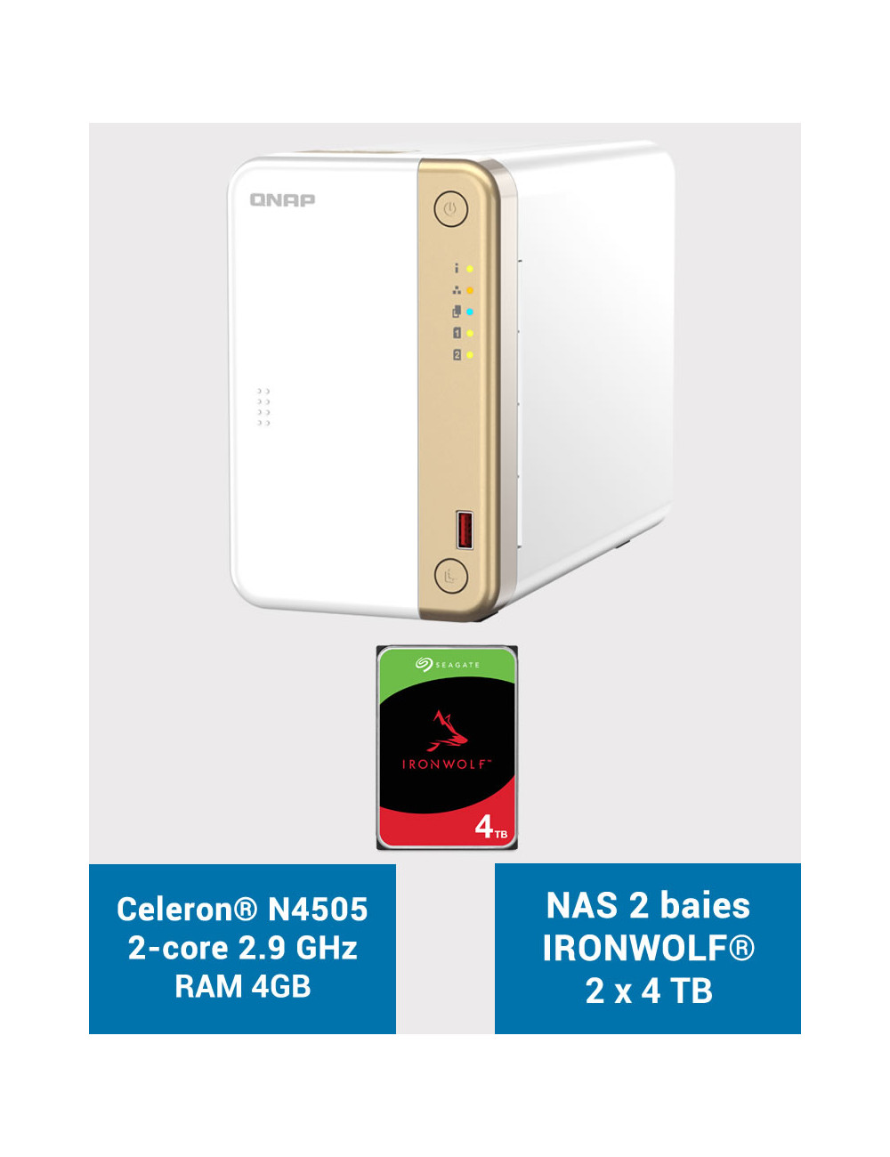 QNAP TS-262 4GB Serveur NAS IRONWOLF 8To (2x4To)