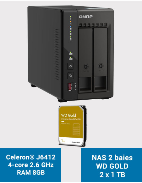 QNAP TS-253E 8GB Serveur NAS 2 baies WD GOLD 2To (2x1To)