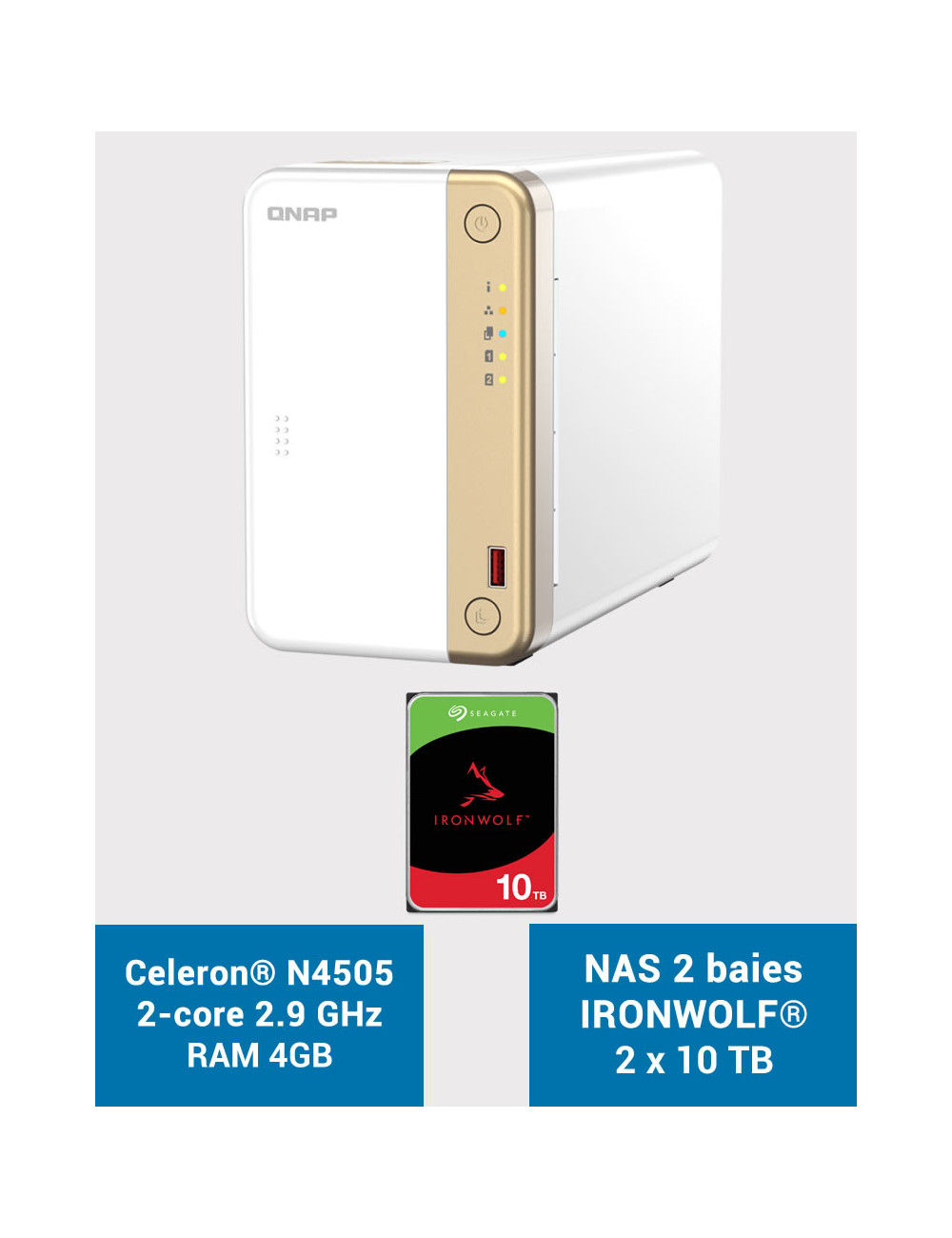 QNAP TS-262 4GB Serveur NAS IRONWOLF 20To (2x10To)