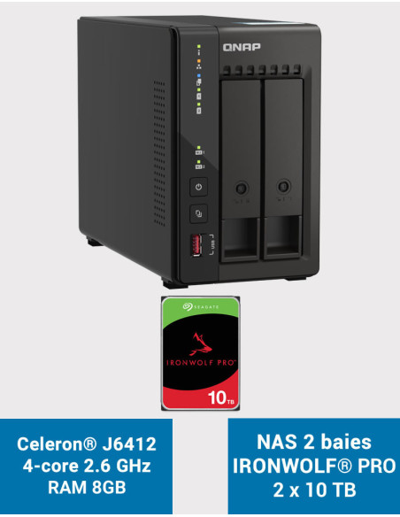 QNAP TS-253E 8GB Servidor NAS 2 bahías IRONWOLF PRO 20TB (2x10TB)