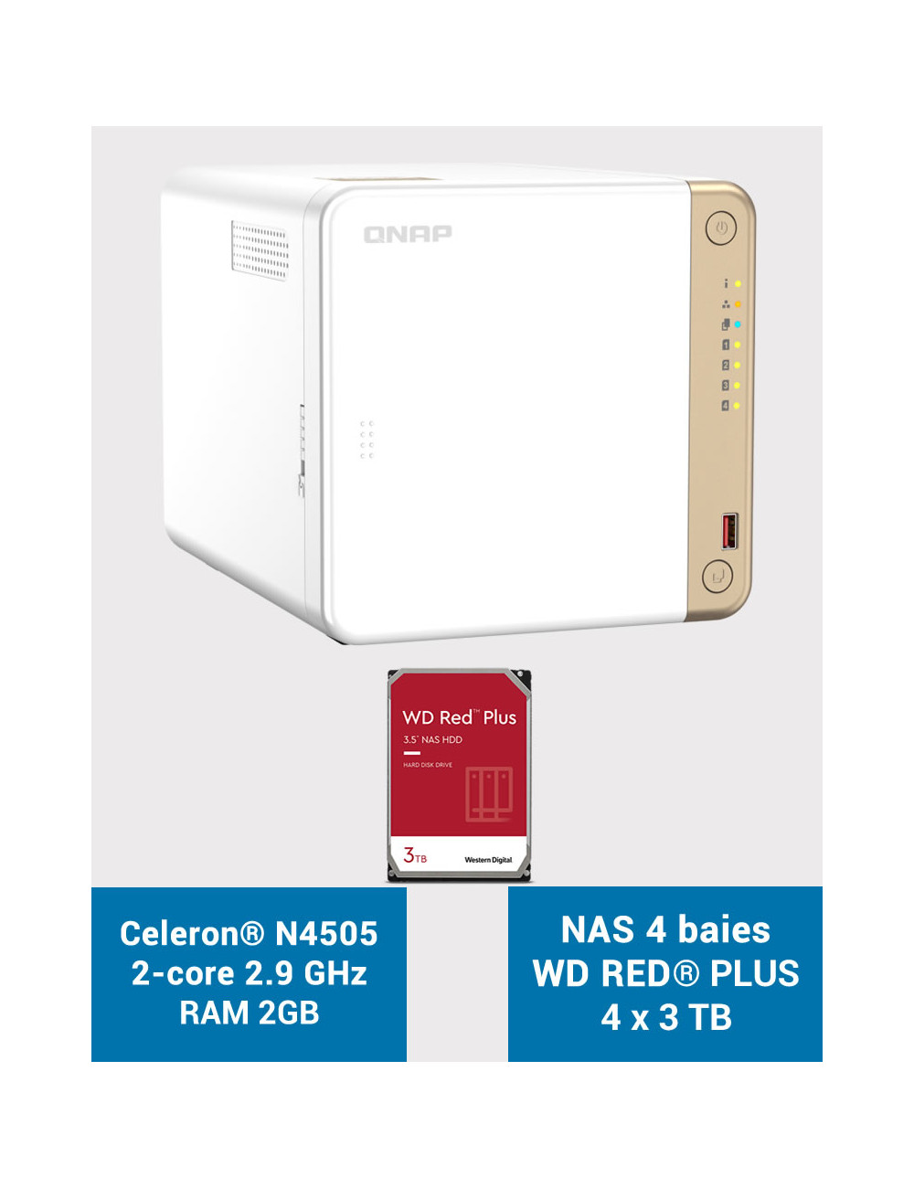 QNAP TS-462 2GB Serveur NAS WD RED PLUS 12To (4x3To)