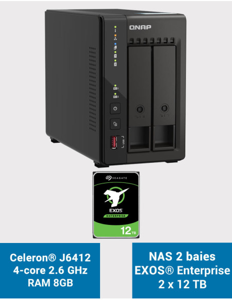QNAP TS-253E 8GB Serveur NAS 2 baies EXOS Enterprise 24To (2x12To)