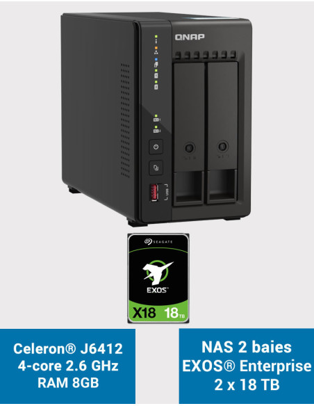 QNAP TS-253E 8GB Serveur NAS 2 baies EXOS Enterprise 36To (2x18To)