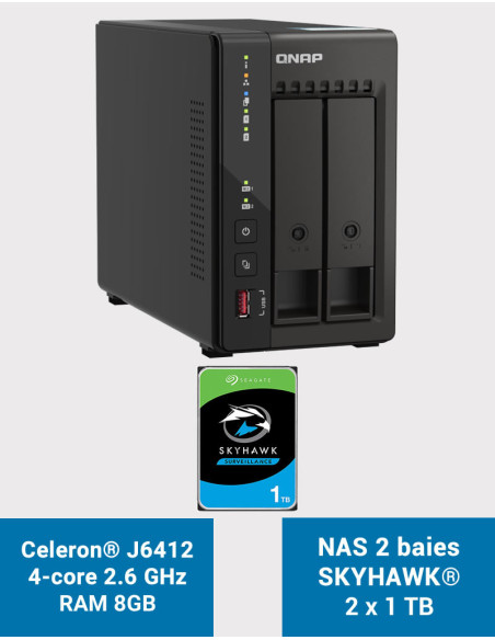 QNAP TS-253E 8GB NAS Server 2 bays SKYHAWK 2TB (2x1TB)