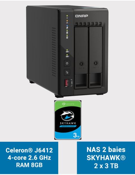 QNAP TS-253E 8GB Serveur NAS 2 baies SKYHAWK 6To (2x3To)