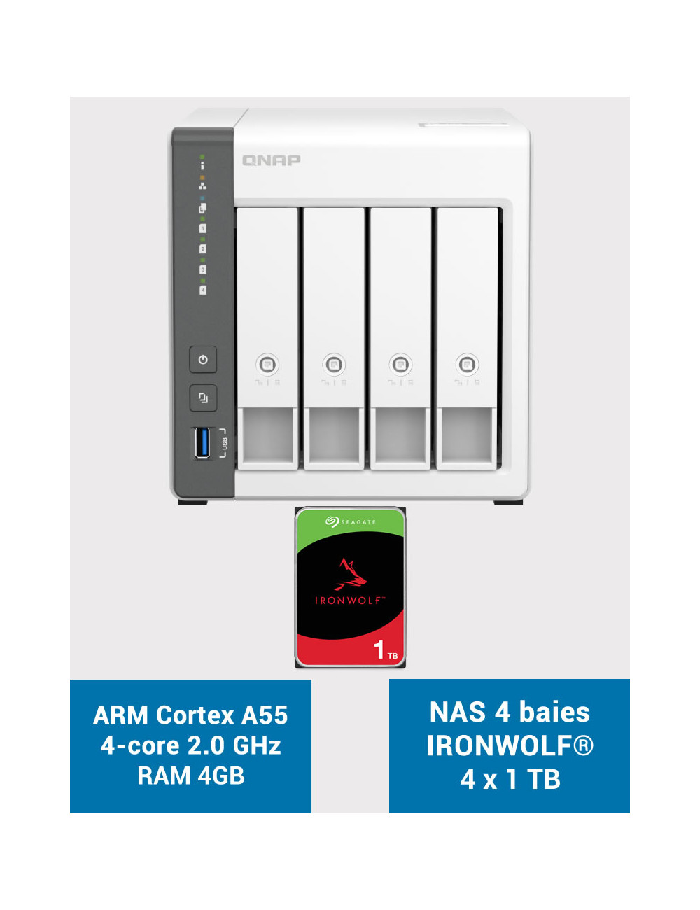 QNAP TS-433 4GB Serveur NAS IRONWOLF 4To (4x1To)