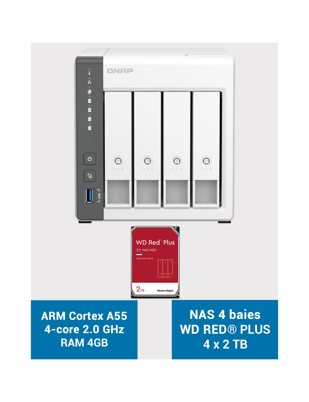 QNAP TS-433 4GB Serveur NAS WD RED PLUS 8To (4x2To)