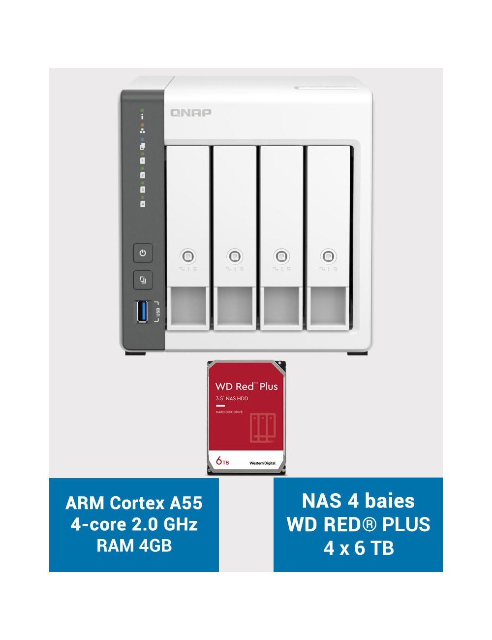 QNAP TS-433 4GB Serveur NAS WD RED PLUS 24To (4x6To)