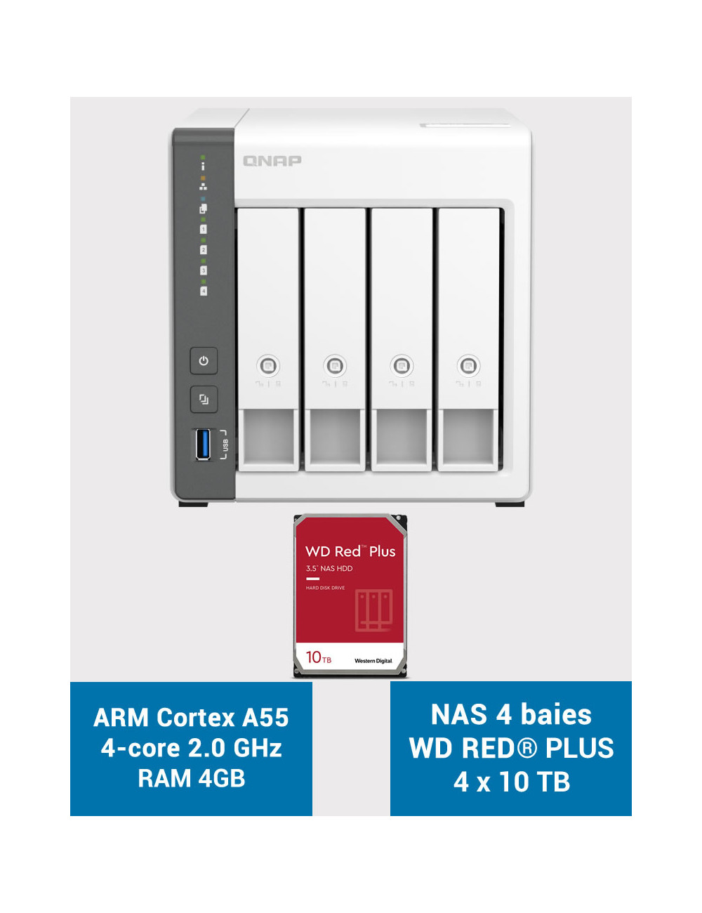 QNAP TS-433 4GB Serveur NAS WD RED PLUS 40To (4x10To)
