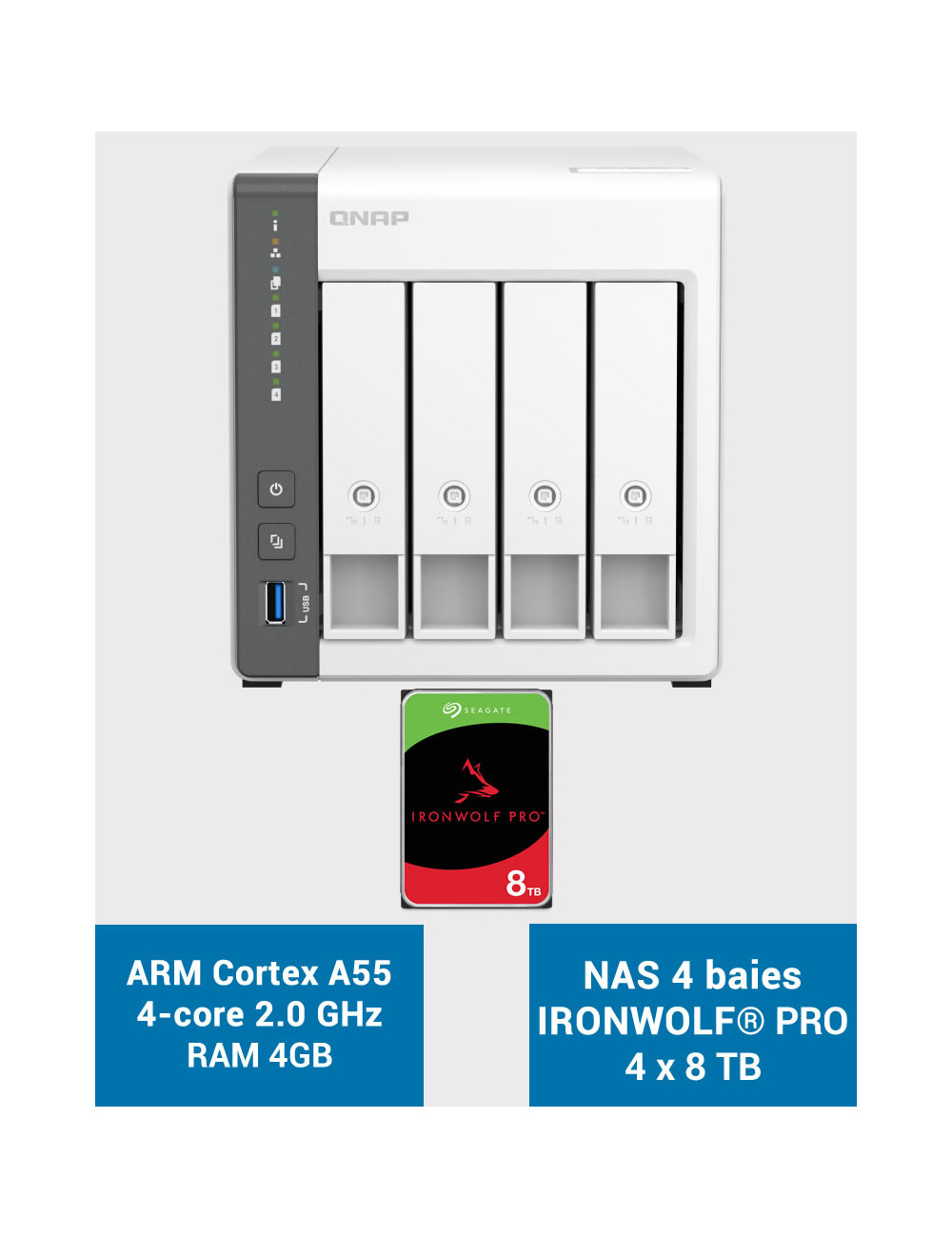 QNAP TS-433 4GB Serveur NAS IRONWOLF PRO 32To (4x8To)