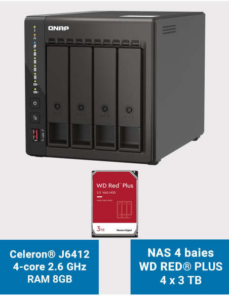 QNAP TS-453E 8GB Servidor NAS 4 bahías WD RED PLUS 12TB (4x3TB)